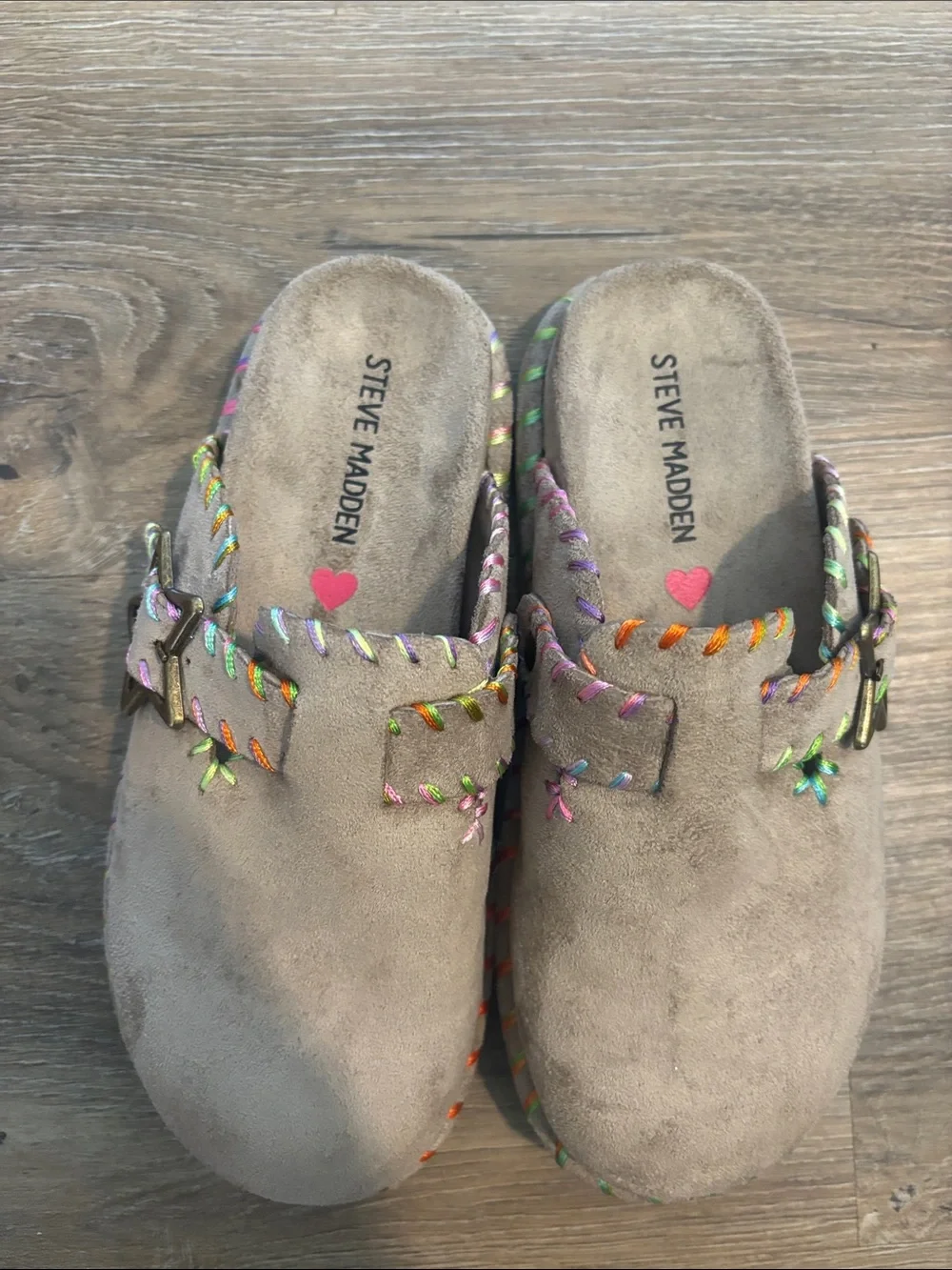 Steve Madden Kids Taupe Suede Slip-On Clogs with Multicolor Stitching